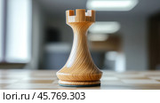 Wooden rook chess piece standing on chessboard in bright room. Стоковое AI-изображение, AI-художник Юрий Поздников / Фотобанк Лори
