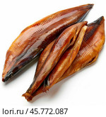 Smoked fish fillets lying on white background. Стоковое AI-изображение, AI-художник Иван Рябоконь / Фотобанк Лори