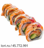 Delicious uramaki sushi rolls with salmon, tuna, avocado and spicy mayo drizzled with sauce. Стоковое AI-изображение, AI-художник Иван Рябоконь / Фотобанк Лори