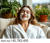 Spa treatments for the face, peeling face mask, skin care. Young woman with cream mask on her face. Close-up. Стоковое AI-изображение, AI-художник Сергей Елизарьев / Фотобанк Лори