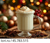 Eg Nog Day is celebrated on December 24. The closest relative of this drink is eggnog. The yolks are beaten with sugar and poured into boiling milk, then spices and (if desired) strong alcohol (rum, brandy, liqueur) are added. This cocktail is considered the traditional "liquid dish" of Christmas, which this holiday cannot do without. Стоковое AI-изображение, AI-художник Сергей Елизарьев / Фотобанк Лори