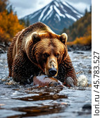 Brown bear hunts salmon in a taiga river, which goes to spawn. Стоковое AI-изображение, AI-художник Сергей Елизарьев / Фотобанк Лори