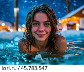 A beautiful girl takes a dip in an ice hole. Epiphany bathing is a tradition associated with the feast of the Epiphany of the Lord, which the Orthodox world celebrates on January 19. Стоковое AI-изображение, AI-художник Сергей Елизарьев / Фотобанк Лори