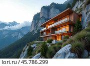 Modern resort, staggering and embedded into the side of a mountain. Стоковое AI-изображение, AI-художник Галина Эмберг / Фотобанк Лори