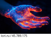 Enchanted hand releasing glowing particles in a mystical setting during nighttime. Стоковое AI-изображение, AI-художник Юлия Гапеенко / Фотобанк Лори