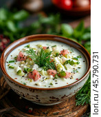 May 30 is one of the gastronomic holidays — Okroshka Day. Okroshka is one of the most popular summer dishes, a traditional dish of Russian cuisine. Стоковое AI-изображение, AI-художник Сергей Елизарьев / Фотобанк Лори