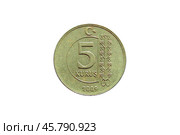 Монета Турции 5 куруш 2009 года, реверс на белом фоне крупным планом. Стоковое фото, фотограф Александр Кузнецов / Фотобанк Лори