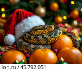 Snake, symbol of 2025 according to the Eastern calendar, in Santa Claus's New Year's hat. Snake symbolizes wisdom, vitality, immortality and healing power. New Year's card. Стоковое AI-изображение, AI-художник Сергей Елизарьев / Фотобанк Лори