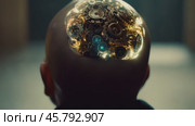 Complex clockwork mechanism rotating inside bald human head. Стоковое видео, видеограф Данил Руденко / Фотобанк Лори