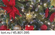 Новогодние елочные игрушки - золотые шары на елке. Beautiful Christmas-tree decorations. Стоковое видео, видеограф Татьяна Д / Фотобанк Лори
