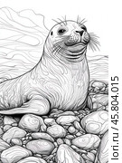 Seal relaxing on rocky beach, detailed line art illustration. Стоковое AI-изображение, AI-художник Юрий Поздников / Фотобанк Лори