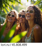 Friends celebrate summer getaway in lush tropical setting with laughter and smiles amidst vibrant greenery. Tropics are climatic zones of Earth in which Sun is at its zenith at least once year. AI. Стоковое AI-изображение, AI-художник Юлия Петровская / Фотобанк Лори