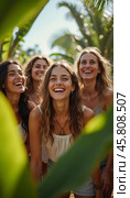 Friends celebrate summer getaway in lush tropical setting with laughter and smiles amidst vibrant greenery. Tropics are climatic zones of Earth in which Sun is at its zenith at least once year. AI. Стоковое AI-изображение, AI-художник Юлия Петровская / Фотобанк Лори