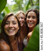 Friends celebrate summer getaway in lush tropical setting with laughter and smiles amidst vibrant greenery. Tropics are climatic zones of Earth in which Sun is at its zenith at least once year. AI. Стоковое AI-изображение, AI-художник Юлия Петровская / Фотобанк Лори