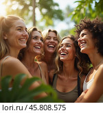 Friends celebrate summer getaway in lush tropical setting with laughter and smiles amidst vibrant greenery. Tropics are climatic zones of Earth in which Sun is at its zenith at least once year. AI. Стоковое AI-изображение, AI-художник Юлия Петровская / Фотобанк Лори