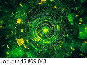 Dynamic background dominated by green with yellow flashes. TV game wheel effect in the centre of the image. Стоковое AI-изображение, AI-художник Ирина Ручушкина / Фотобанк Лори
