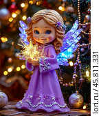 Little angel with a star near the Christmas tree. Christmas Eve is the day before the birth of Christ. Christmas Eve falls on January 6 (December 24). Christmas card. Стоковое AI-изображение, AI-художник Сергей Елизарьев / Фотобанк Лори