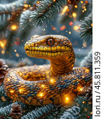 Green snake, symbol of 2025 according to the eastern calendar. The snake symbolizes wisdom, vitality, immortality and healing powers. Стоковое AI-изображение, AI-художник Сергей Елизарьев / Фотобанк Лори