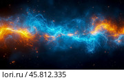 Energy shock wave: a blue shockwave that spreads from the center point, illuminating the entire black background. Стоковое AI-изображение, AI-художник Ирина Ручушкина / Фотобанк Лори