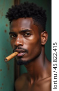 A young man residing in Cuba smokes a cigar while looking directly at the viewer, showcasing a unique hairstyle and a calm demeanor in a vibrant environment. Generative AI. Стоковое AI-изображение, AI-художник Юлия Петровская / Фотобанк Лори