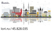 Basel Switzerland City Skyline with Color Buildings and Reflections Isolated on White. Стоковая иллюстрация, иллюстратор Игорь Сорокин / Фотобанк Лори