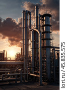 Industrial factory, furnace and heat exchanger cracking hydrocarbons at sunset background. Equipment petrochemical plant with pipes. Manufacturing and industry technology concept. Copy ad text space. Стоковое AI-изображение, AI-художник Aleksandr Golubev / Фотобанк Лори