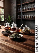 Collection of variety ceylon teas on wooden table in meeting room at manufacturing plant on tea factory, still life. Demonstration perfect tea set, close-up. Tea production concept. Copy ad text space. Стоковое AI-изображение, AI-художник Aleksandr Golubev / Фотобанк Лори