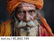 Indian sadhu wearing orange turban and beaded necklace. Стоковое AI-изображение, AI-художник Иван Рябоконь / Фотобанк Лори