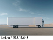 White truck driving on desert road with blank trailer for mockup. Стоковое AI-изображение, AI-художник Иван Рябоконь / Фотобанк Лори