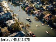 Flooded neighborhood after hurricane ian showing cars and destroyed homes. Стоковое AI-изображение, AI-художник Иван Рябоконь / Фотобанк Лори