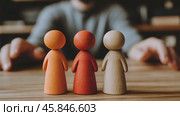Human hand is pointing at an array of colorful wood game pieces, human figures. Choice and strategy in play or business. Finger points at a wooden figurines standing in a row. Leadership, community. Стоковое AI-видео, аниматор Марина Демидюк / Фотобанк Лори