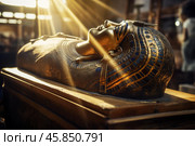 Golden sarcophagus resting in a museum display case, illuminated by sunlight. Стоковое AI-изображение, AI-художник Иван Рябоконь / Фотобанк Лори