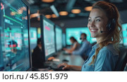 Young Woman Working at a Tech Control Center With Multiple Screens and Headsets During Evening Hours. Стоковое AI-видео, аниматор Sergey Grishin / Фотобанк Лори
