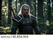 A witcher with weapons and armor on a forest background. Стоковое AI-изображение, AI-художник Александр Поташев / Фотобанк Лори
