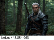 A witcher with weapons and armor on a forest background. Стоковое AI-изображение, AI-художник Александр Поташев / Фотобанк Лори