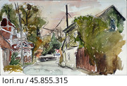 Акварельный набросок вида на улицу / Watercolor sketch of street view. Стоковая иллюстрация, иллюстратор Александр Паньков / Фотобанк Лори