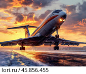 Tu-134 taking off against the setting sun. It is one of the most mass-produced passenger aircraft in the Soviet Union. Стоковое AI-изображение, AI-художник Сергей Елизарьев / Фотобанк Лори