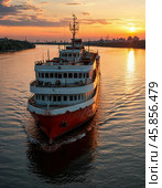 River passenger ship type "Rodina" (project 588) (manufacturer designation BiFa Typ A) is a three-deck passenger (cargo-passenger) long-distance ship. It is designed to work on river express passenger lines and make tourist cruises. The most numerous and successful of the mass series of river passenger ships in the USSR. Стоковое AI-изображение, AI-художник Сергей Елизарьев / Фотобанк Лори