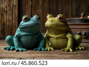 Две большие тканевые фигурки лягушек, голубая и зеленая, стоят на деревянном полу. Их карие глаза навыкате придают им еще больше очарования. Стоковое AI-изображение, AI-художник Болдырева Елена / Фотобанк Лори