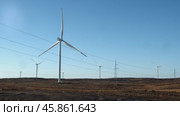Several windmills in the field actively extract renewable energy from the wind and convert it into electricity. Стоковое видео, видеограф Strunov David / Фотобанк Лори