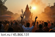 Maha Shivratri Celebration in Haridwar With Devotees Worshipping Lord Shiva at Sunset. Стоковое AI-изображение, AI-художник Sergey Grishin / Фотобанк Лори