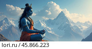 Shiva and Parvati Meditate Together on Mount Kailash Surrounded by Majestic Mountains and a Serene Sky at Sunrise. Стоковое AI-изображение, AI-художник Sergey Grishin / Фотобанк Лори