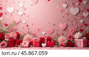 Decorative Display of Red and Pink Gifts Surrounded by Hearts and Flowers for a Romantic Celebration. St Valentines gift Concept. Стоковое AI-изображение, AI-художник Sergey Grishin / Фотобанк Лори