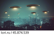 Unidentified flying objects hover over a city buildings skyline at night. Стоковое AI-изображение, AI-художник Михаил Коханчиков / Фотобанк Лори