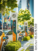 Electric vehicles charging at public charging station in urban setting. Стоковое AI-изображение, AI-художник Юрий Поздников / Фотобанк Лори