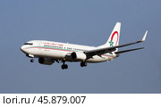 Airliner of Royal Air Maroc Airlines landing in El Prat Airport in Barcelona (2020 год). Редакционное фото, фотограф Яков Филимонов / Фотобанк Лори
