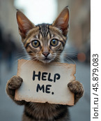 Кот держит лапами картонную табличку с надписью HELP ME. Стоковое AI-изображение, AI-художник Болдырева Елена / Фотобанк Лори