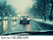 POV car driving on a wet winter street. Стоковое AI-изображение, AI-художник Алексей Кузнецов / Фотобанк Лори