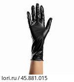 Hand wearing a black nitrile glove making number four gesture. Стоковое AI-изображение, AI-художник Иван Рябоконь / Фотобанк Лори