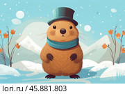 Groundhog wearing top hat and scarf predicts early spring. Стоковое AI-изображение, AI-художник Иван Рябоконь / Фотобанк Лори